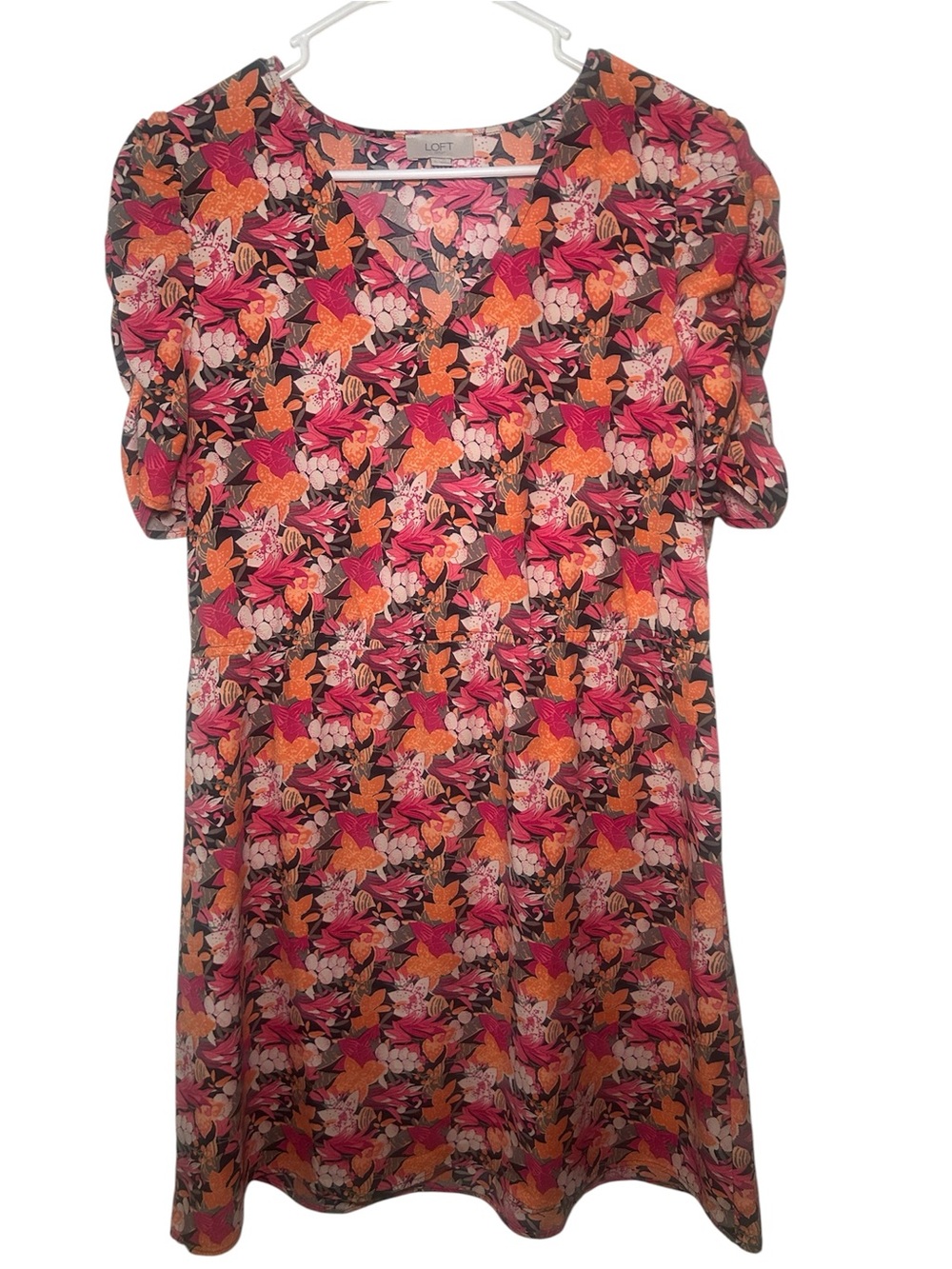 Loft Bright Orange Pink Sheer Light Womens Flowy Midi Dress Fall Casual Party